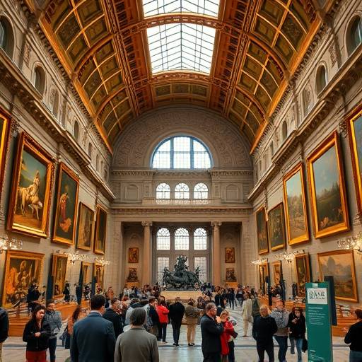 Detailed interior view of the Louvre Museum with art pieces and visitors